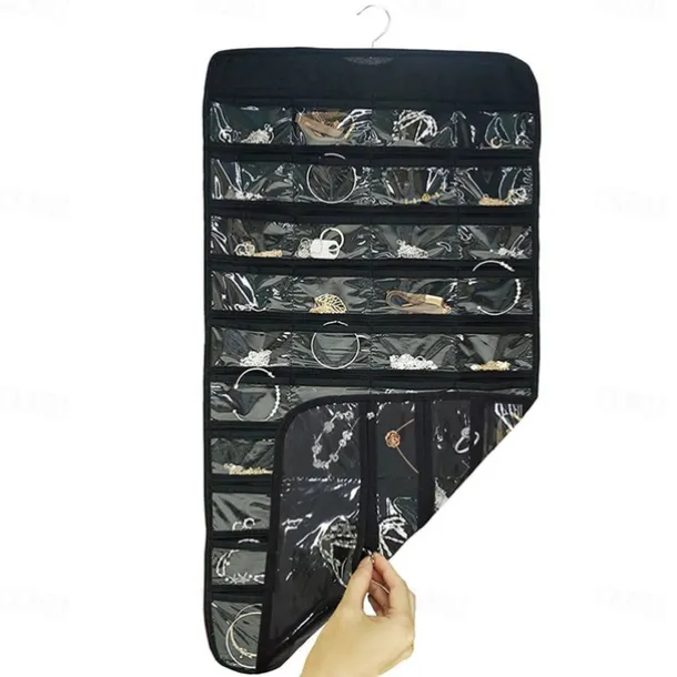 80 Pockets Double Sided Hanging Jewelry Display Organizer Storage Bag Non-woven Foldable Ring Necklace Bracelet Pouch