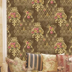 1 Roll 3D European Damask Non Self-adhesive Wallpaper Embossed Bedroom Headboard Living Room Background Wall Decoration Waterproof Wallpaper 950x53cm/374x20.87inch