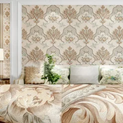 1 Roll 3D European Damask Non Self-adhesive Wallpaper Embossed Bedroom Headboard Living Room Background Wall Decoration Waterproof Wallpaper 950x53cm/374x20.87inch