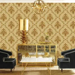 1 Roll 3D European Damask Non Self-adhesive Wallpaper Embossed Bedroom Headboard Living Room Background Wall Decoration Waterproof Wallpaper 950x53cm/374x20.87inch