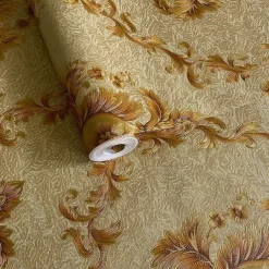 1 Roll 3D European Damask Non Self-adhesive Wallpaper Embossed Bedroom Headboard Living Room Background Wall Decoration Waterproof Wallpaper 950x53cm/374x20.87inch