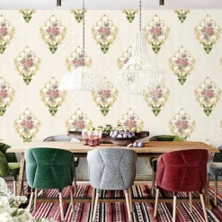 1 Roll 3D European Damask Non Self-adhesive Wallpaper Embossed Bedroom Headboard Living Room Background Wall Decoration Waterproof Wallpaper 950x53cm/374x20.87inch