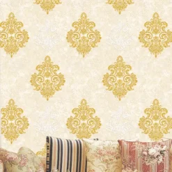 1 Roll 3D European Damask Non Self-adhesive Wallpaper Embossed Bedroom Headboard Living Room Background Wall Decoration Waterproof Wallpaper 950x53cm/374x20.87inch
