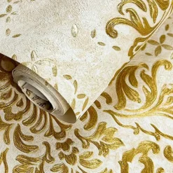 1 Roll 3D European Damask Non Self-adhesive Wallpaper Embossed Bedroom Headboard Living Room Background Wall Decoration Waterproof Wallpaper 950x53cm/374x20.87inch