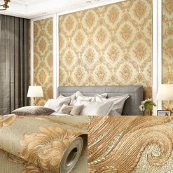 1 Roll 3D European Damask Non Self-adhesive Wallpaper Embossed Bedroom Headboard Living Room Background Wall Decoration Waterproof Wallpaper 950x53cm/374x20.87inch