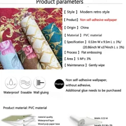 1 Roll 3D European Damask Non Self-adhesive Wallpaper Embossed Bedroom Headboard Living Room Background Wall Decoration Waterproof Wallpaper 950x53cm/374x20.87inch