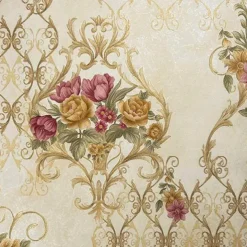 1 Roll 3D European Damask Non Self-adhesive Wallpaper Embossed Bedroom Headboard Living Room Background Wall Decoration Waterproof Wallpaper 950x53cm/374x20.87inch