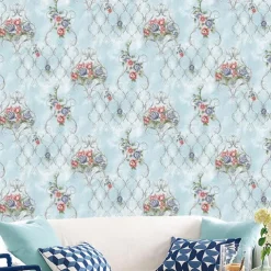 1 Roll 3D European Damask Non Self-adhesive Wallpaper Embossed Bedroom Headboard Living Room Background Wall Decoration Waterproof Wallpaper 950x53cm/374x20.87inch