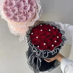 1 Roll Flower Wrapping Mesh with Pearls - Polyamide Florist Netting for Bouquet Packaging Valentine's Day Birthday Wedding Decor Gift Wrapping Supplies 15-inch