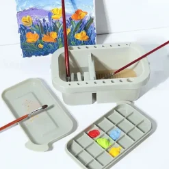 1 Set Multifunctional 3 In 1 Wash Pen Bucket With Pen Holder And Painting Palette Lid Paint Brush Basin Brush Tub Washing Tool For Art Painting Gouache Watercolor Acrylic Oil Painting