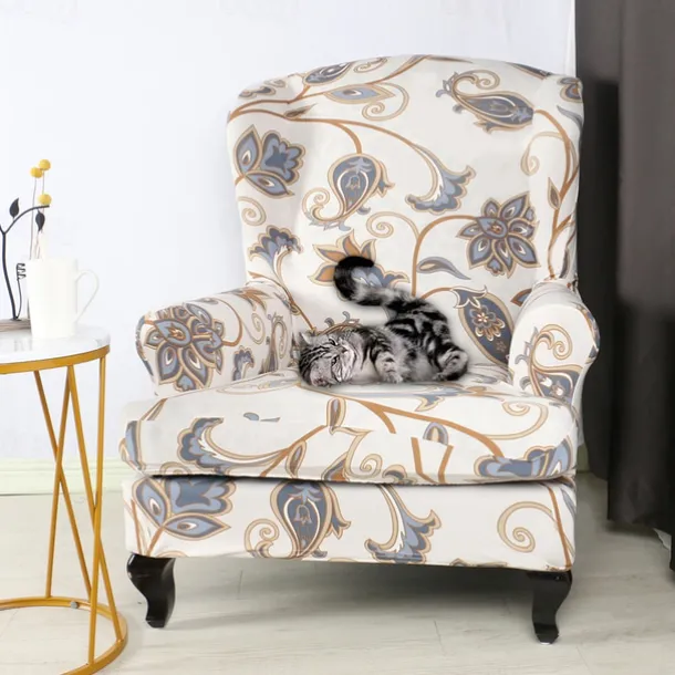 1 Set of 2 Pieces Floral Printed Stretch Wingback Chair Cover Wing Chair Slipcovers Spandex Fabric Wingback Armchair Covers with Elastic Bottom for Living Room Bedroom Decor