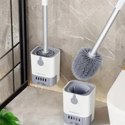 1 Set Toilet Brush with Holder Set Wall Mounted Long Handle Toilet Cleaning Brush with Holder Flexible Toilet Bowl Cleaning Brush No Dead Corner Bathroom Cleaning Brush Hotel Cleaning Supplies