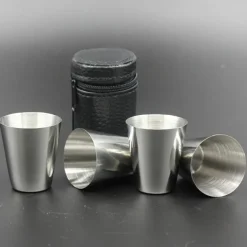 4 Stainless Steel Shot Cups Drinking Vessel with Black Leather Carrying Case (30ml) Outdoor Camping Travel Unbreakable Metal Shooters for Whiskey Tequila Liquor Great Barware Gift
