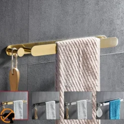 16“ Stainless Steel Towel Bar with Hook, SUS304, Self Adhesive Bath Towel Rack, Contemporary Style, Towel Holder, Rustproof, 4-Finish, Gold, Brushed, Black, Mirror Polished, Punch-free