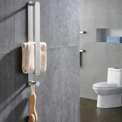 16“ Stainless Steel Towel Bar with Hook, SUS304, Self Adhesive Bath Towel Rack, Contemporary Style, Towel Holder, Rustproof, 4-Finish, Gold, Brushed, Black, Mirror Polished, Punch-free