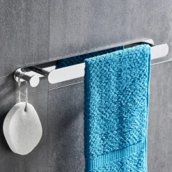 16“ Stainless Steel Towel Bar with Hook, SUS304, Self Adhesive Bath Towel Rack, Contemporary Style, Towel Holder, Rustproof, 4-Finish, Gold, Brushed, Black, Mirror Polished, Punch-free