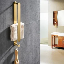 16“ Stainless Steel Towel Bar with Hook, SUS304, Self Adhesive Bath Towel Rack, Contemporary Style, Towel Holder, Rustproof, 4-Finish, Gold, Brushed, Black, Mirror Polished, Punch-free