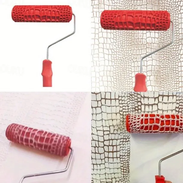 7" Textured Art Decoration Tool DIY Paint Roller - 1 Crocodile Skin Pattern with Red Handle, Durable Plastic, Easy-to-Use for Realistic Wood Grain & Embossed Walls