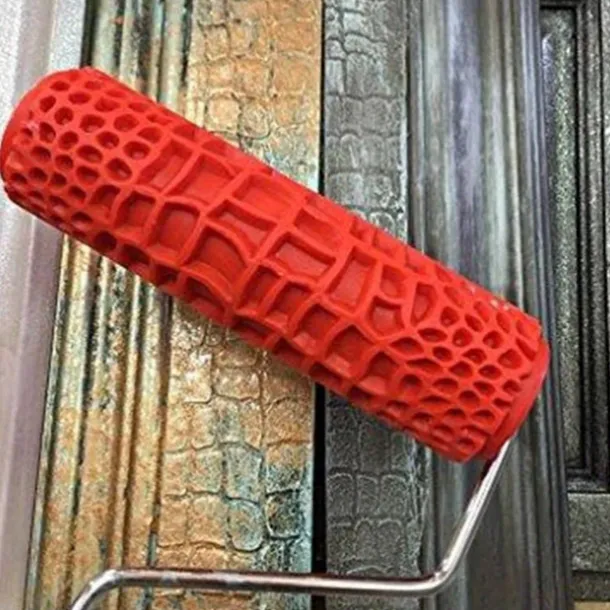 7" Textured Art Decoration Tool DIY Paint Roller - 1 Crocodile Skin Pattern with Red Handle, Durable Plastic, Easy-to-Use for Realistic Wood Grain & Embossed Walls