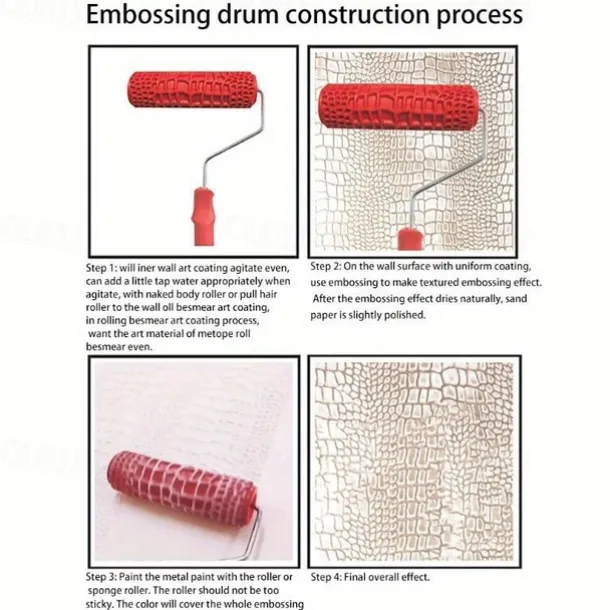 7" Textured Art Decoration Tool DIY Paint Roller - 1 Crocodile Skin Pattern with Red Handle, Durable Plastic, Easy-to-Use for Realistic Wood Grain & Embossed Walls
