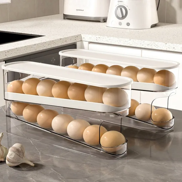 2 Tier Egg Holder for Refrigerator, Auto Rolling Egg Storage Rack, Fridge Storage Organizer for Kitchen, Side Door Egg Box for Refrigerator Kitchen,Household