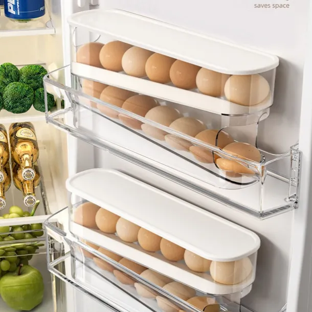 2 Tier Egg Holder for Refrigerator, Auto Rolling Egg Storage Rack, Fridge Storage Organizer for Kitchen, Side Door Egg Box for Refrigerator Kitchen,Household