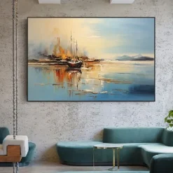 Abstract Coastal Landscape Oil Painting on Canvas Large Wall Art Original Blue Sailboat Art painting Ocean Art Custom Painting for Living Room bedroom wall Decor