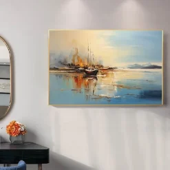 Abstract Coastal Landscape Oil Painting on Canvas Large Wall Art Original Blue Sailboat Art painting Ocean Art Custom Painting for Living Room bedroom wall Decor