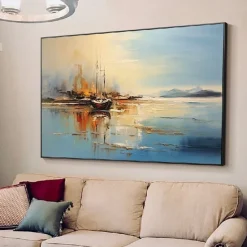 Abstract Coastal Landscape Oil Painting on Canvas Large Wall Art Original Blue Sailboat Art painting Ocean Art Custom Painting for Living Room bedroom wall Decor