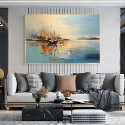 Abstract Coastal Landscape Oil Painting on Canvas Large Wall Art Original Blue Sailboat Art painting Ocean Art Custom Painting for Living Room bedroom wall Decor