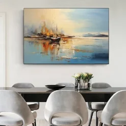 Abstract Coastal Landscape Oil Painting on Canvas Large Wall Art Original Blue Sailboat Art painting Ocean Art Custom Painting for Living Room bedroom wall Decor