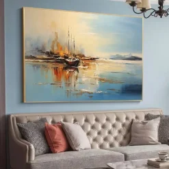 Abstract Coastal Landscape Oil Painting on Canvas Large Wall Art Original Blue Sailboat Art painting Ocean Art Custom Painting for Living Room bedroom wall Decor
