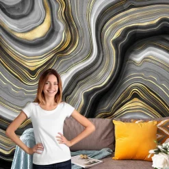 Abstract Marble Gold 3D Wallpaper Wall Mural Roll Peel and Stick Removable PVC/Vinyl Material Self Adhesive/Adhesive Required Wall Decor for Living Room Kitchen Bathroom