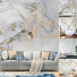 Abstract Marble Wallpaper Mural White Marble Wall Covering Sticker Peel and Stick Removable PVC/Vinyl Material Self Adhesive/Adhesive Required Wall Decor for Living Room, Kitchen, Bathroom