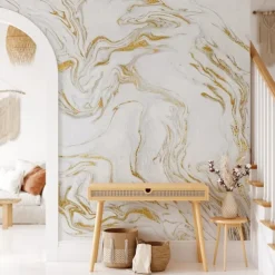 Abstract Marble Wallpaper Mural White Marble Wall Covering Sticker Peel and Stick Removable PVC/Vinyl Material Self Adhesive/Adhesive Required Wall Decor for Living Room, Kitchen, Bathroom