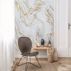 Abstract Marble Wallpaper Mural White Marble Wall Covering Sticker Peel and Stick Removable PVC/Vinyl Material Self Adhesive/Adhesive Required Wall Decor for Living Room, Kitchen, Bathroom