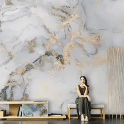 Abstract Marble Wallpaper Mural White Marble Wall Covering Sticker Peel and Stick Removable PVC/Vinyl Material Self Adhesive/Adhesive Required Wall Decor for Living Room, Kitchen, Bathroom