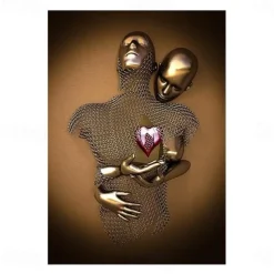 Abstract People Wall Art Canvas Love Couples Prints Painting Artwork Picture Kissing Hug Love Bronze Glitter Home Decoration Décor Rolled Canvas No Frame Unframed Unstretched