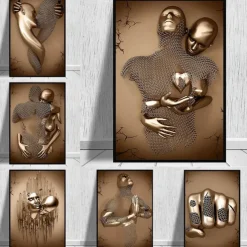 Abstract People Wall Art Canvas Love Couples Prints Painting Artwork Picture Kissing Hug Love Bronze Glitter Home Decoration Décor Rolled Canvas No Frame Unframed Unstretched