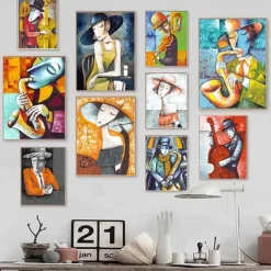 Abstract Picasso Man Playing Musical Instrument Poster Grace Woman Oil Painting on Canvas Nordic Jazz Violin Prints Home Decor