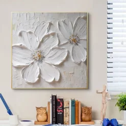 Abstract White Flower Thick Oil Painting Modern 100% Handmade White Canvas Painting Wall Art For Living Room Frameless Decor Stretched Frame Ready to Hang or Unframed
