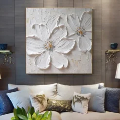 Abstract White Flower Thick Oil Painting Modern 100% Handmade White Canvas Painting Wall Art For Living Room Frameless Decor Stretched Frame Ready to Hang or Unframed
