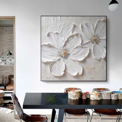 Abstract White Flower Thick Oil Painting Modern 100% Handmade White Canvas Painting Wall Art For Living Room Frameless Decor Stretched Frame Ready to Hang or Unframed