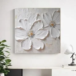 Abstract White Flower Thick Oil Painting Modern 100% Handmade White Canvas Painting Wall Art For Living Room Frameless Decor Stretched Frame Ready to Hang or Unframed