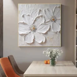 Abstract White Flower Thick Oil Painting Modern 100% Handmade White Canvas Painting Wall Art For Living Room Frameless Decor Stretched Frame Ready to Hang or Unframed