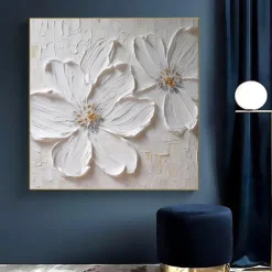 Abstract White Flower Thick Oil Painting Modern 100% Handmade White Canvas Painting Wall Art For Living Room Frameless Decor Stretched Frame Ready to Hang or Unframed