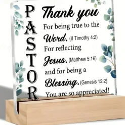 Acrylic Plaque with Wooden Base, Christian Keepsake Gift from Pastor to Believer, Religious Holiday Décor for Table, Room, Home, Café, Bar, and Restaurant