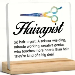Acrylic Plaque with Wooden Base, Hair Stylist Definition Desk Sign, Creative Scissor Design, Appreciation Gift for Salon Professionals, Horizontal Display