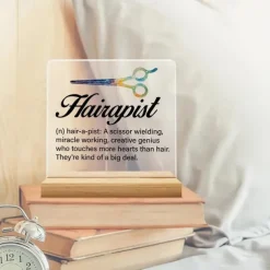 Acrylic Plaque with Wooden Base, Hair Stylist Definition Desk Sign, Creative Scissor Design, Appreciation Gift for Salon Professionals, Horizontal Display