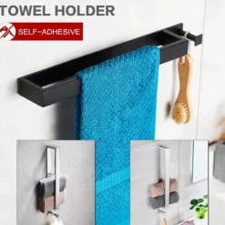 Adhesive Towel Bar with Hook, SUS304 Stainless Steel Hand Towel Holder for Bathroom, Towel Rack for Rolled Towels 40cm